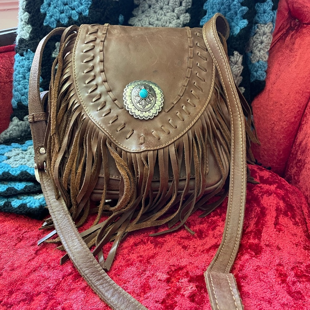 Vintage American West genuine leather shoulder bag turquoise and tassels